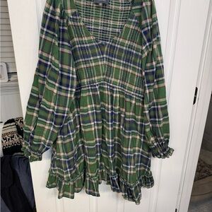 Green Plaid Long Sleeve Dress
